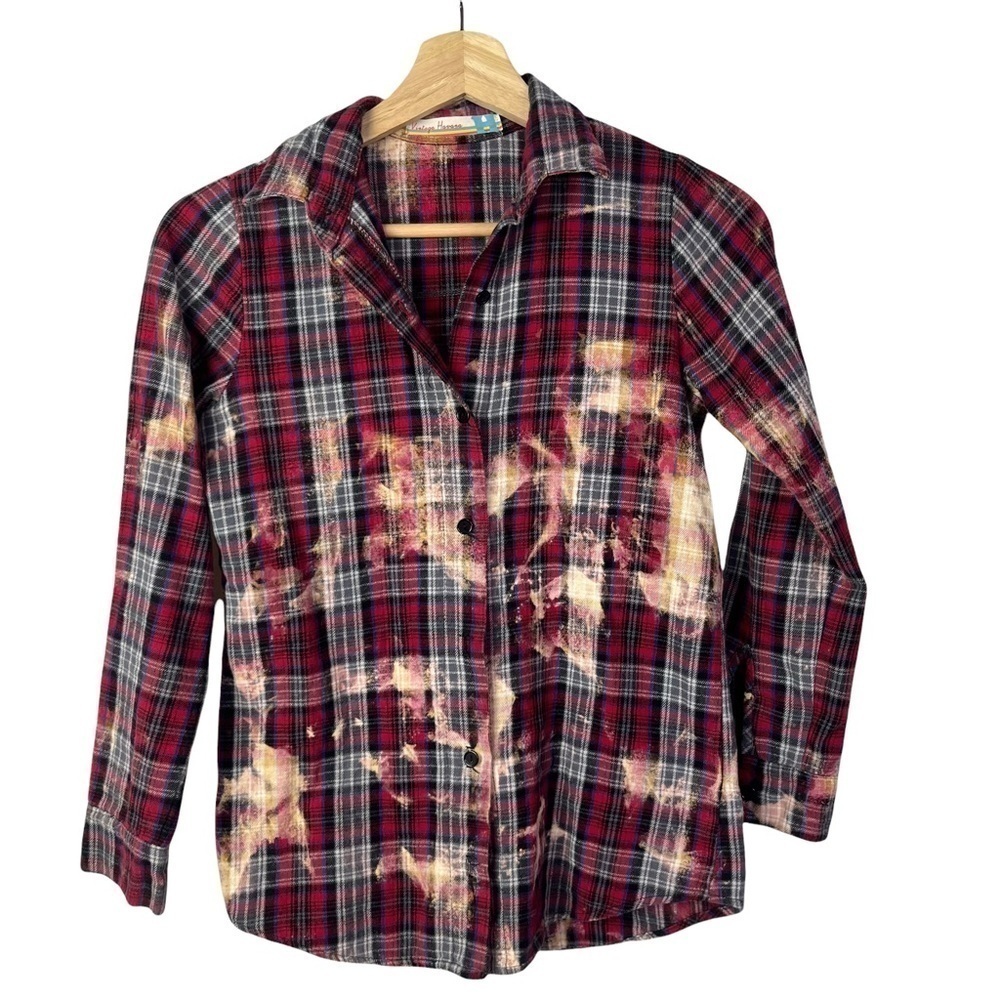 Vintage Havana Red Plaid Bleach Dyed Button Down Flannel Happy Patch‎ Back S